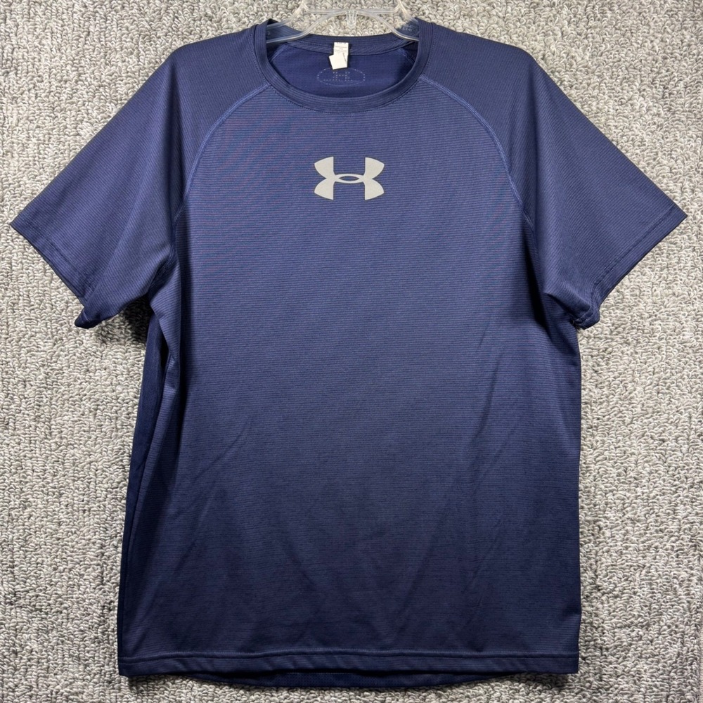 Under Armour HeatGear Shirt‎ Navy Blue Fitted Micro-Stripe Athletic Top Mens L